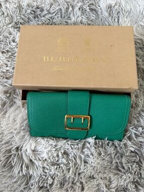 Burberry Green Pebbled Leather Buckle Continental Wallet